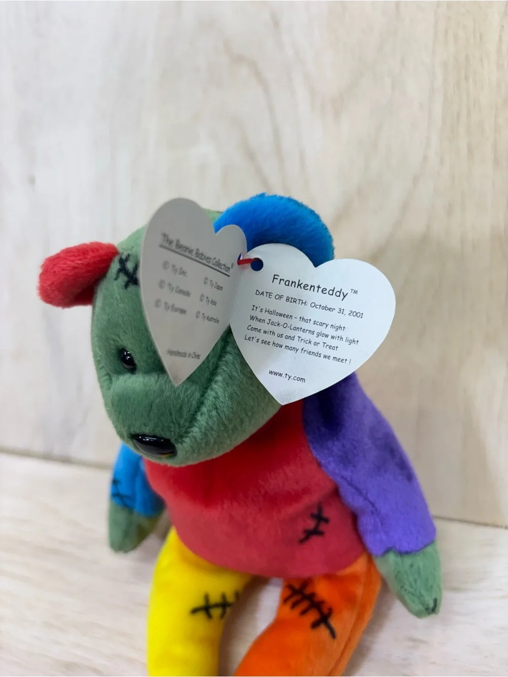 Ty Patchwork Rainbow Bear Plush - Green Red Blue Purple Yellow Orange